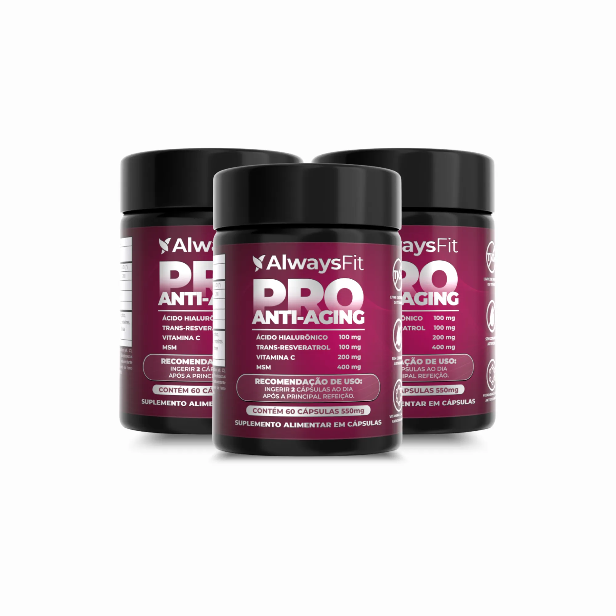 Pro Anti-Aging - Ácido Hialurônico, Trans-Resveratrol, Vitamina C e MSM - 60 Cápsulas - Image 3